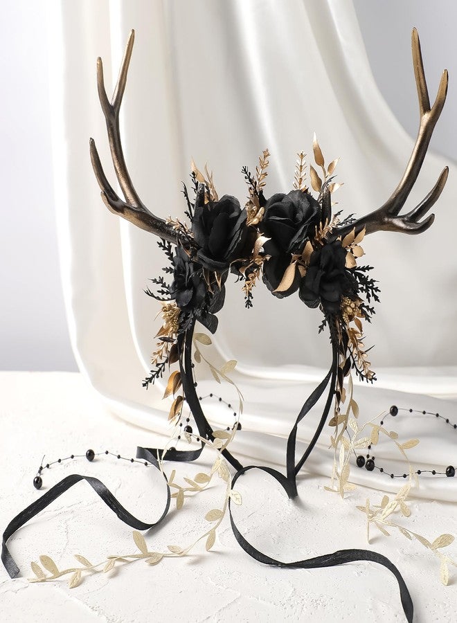 MOSTORY Black Flower Reindeer Headpiece - Dark Floral Antlers Headpiece for Goth Cosplay Dark Fairy Costume, Gothic Deer Horns Headband with Vine for Renaissance Accessories Women Witch Aesthetic - Image 5